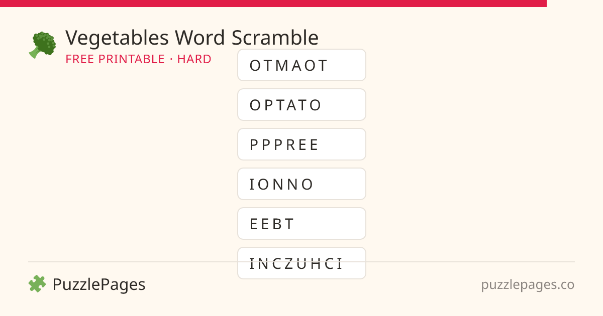 Vegetables Hard printable word scramble preview — free to print from PuzzlePages