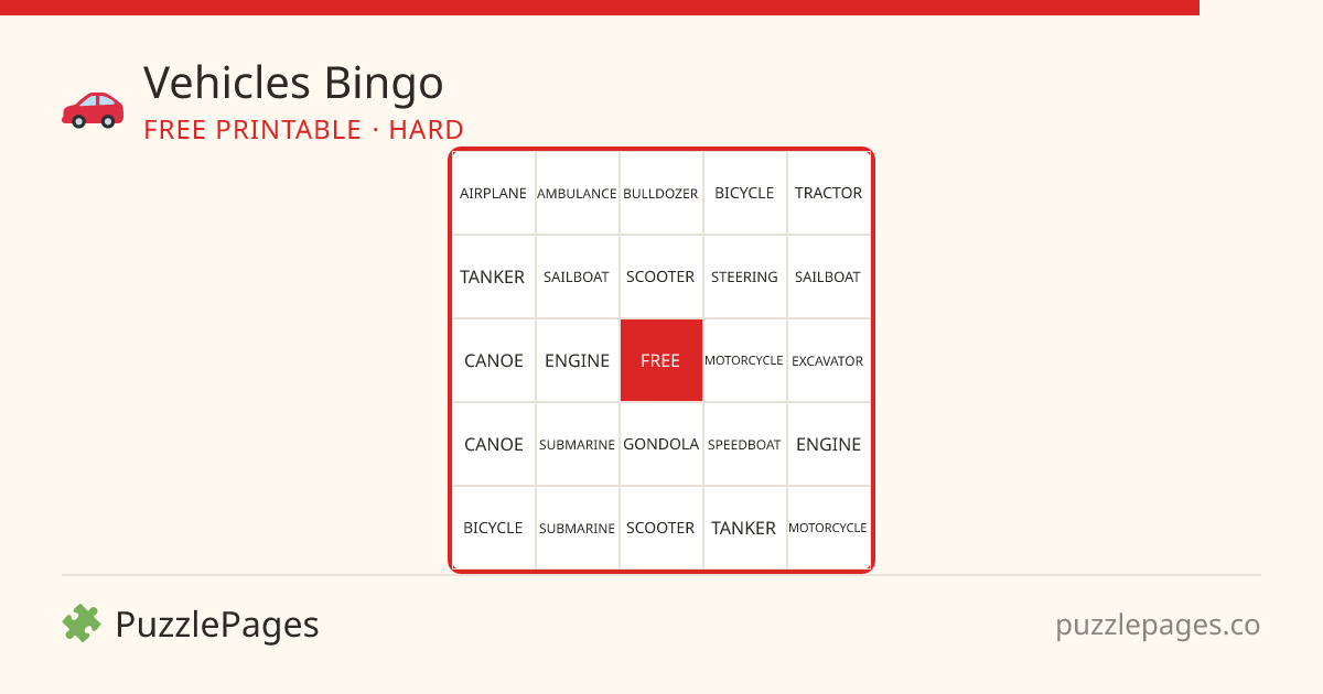 Vehicles Hard printable bingo preview — free to print from PuzzlePages