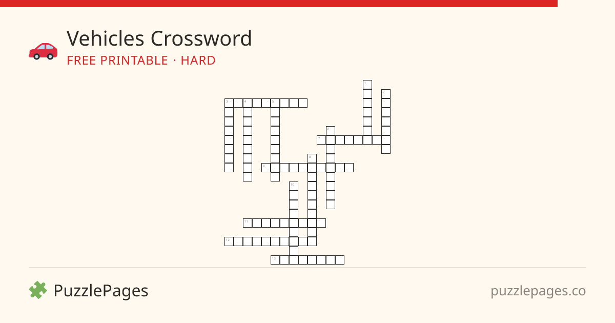 Vehicles Hard printable crossword preview — free to print from PuzzlePages