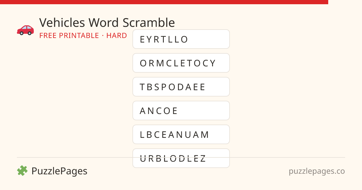 Vehicles Hard printable word scramble preview — free to print from PuzzlePages