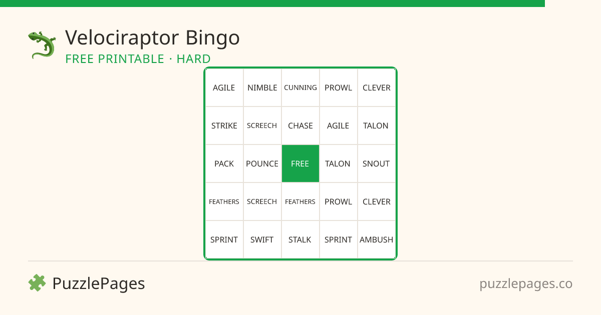 Velociraptor Hard printable bingo preview — free to print from PuzzlePages