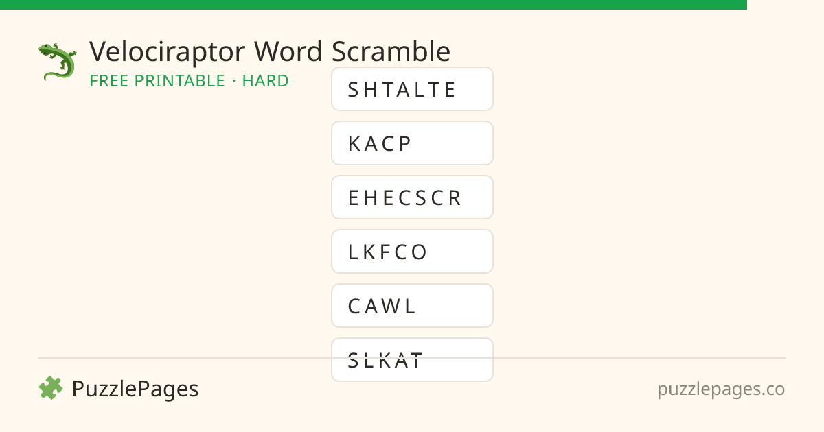 Velociraptor Hard printable word scramble preview — free to print from PuzzlePages