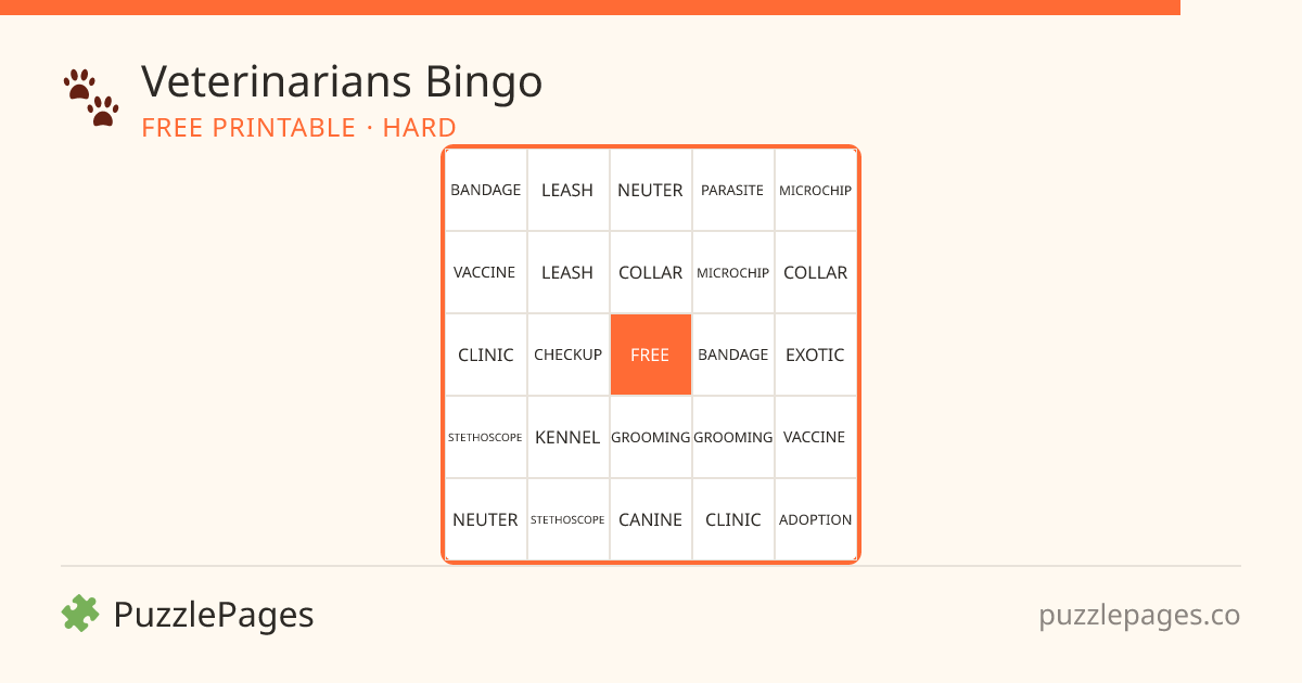 Veterinarians Hard printable bingo preview — free to print from PuzzlePages