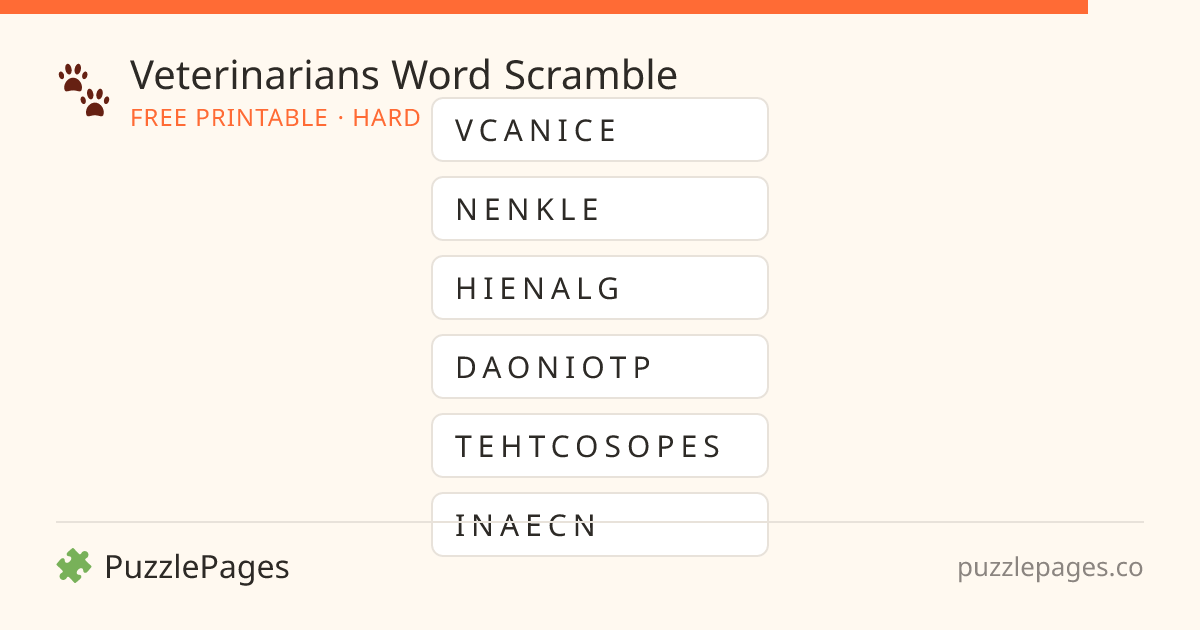 Veterinarians Hard printable word scramble preview — free to print from PuzzlePages