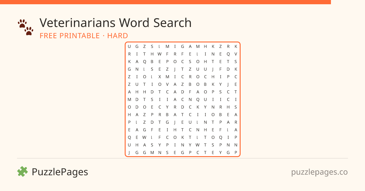 Veterinarians Hard printable word search preview — free to print from PuzzlePages