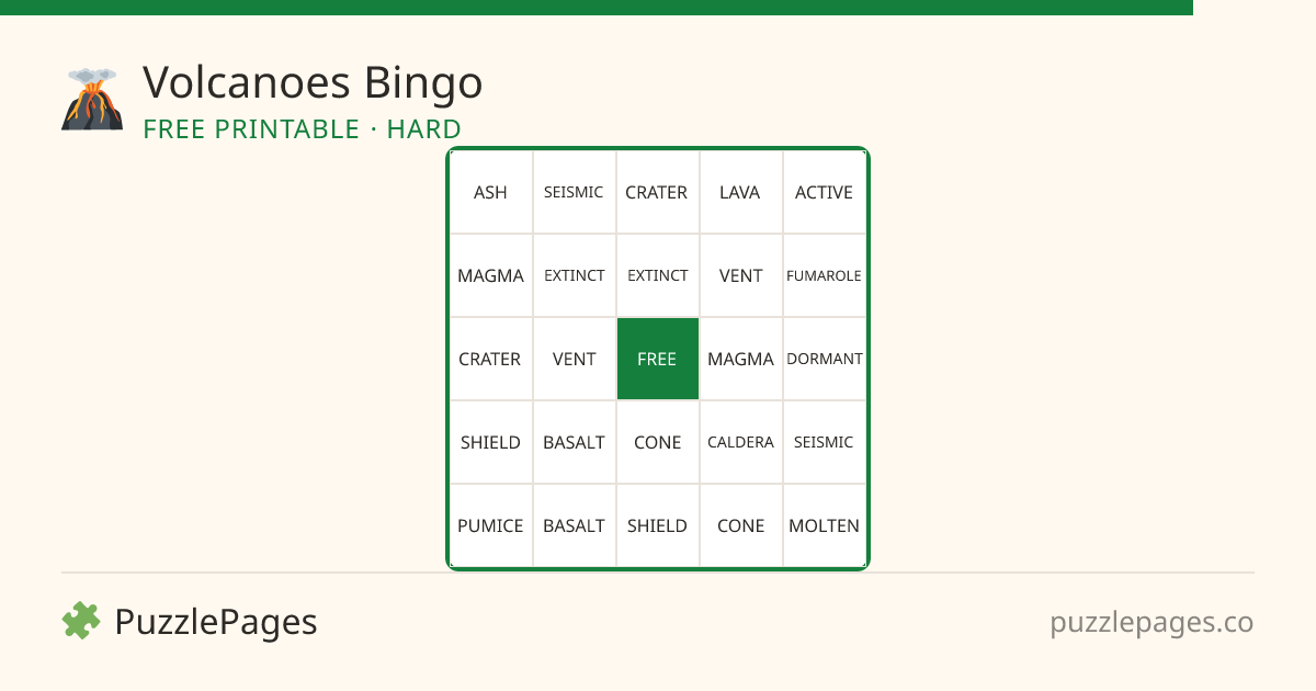 Volcanoes Hard printable bingo preview — free to print from PuzzlePages