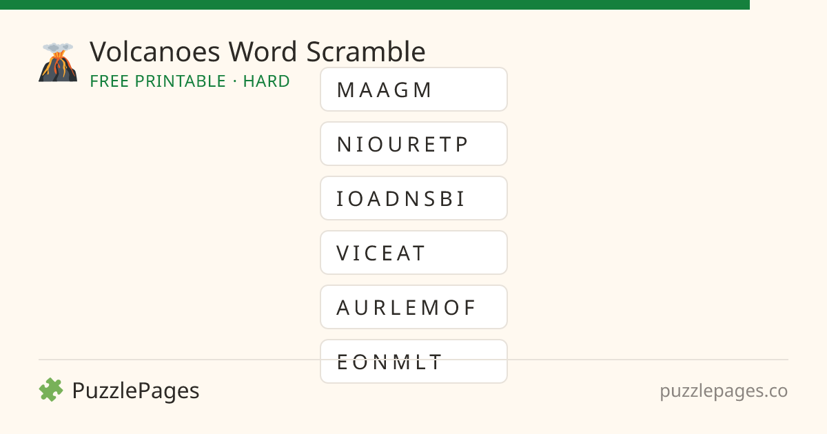 Volcanoes Hard printable word scramble preview — free to print from PuzzlePages