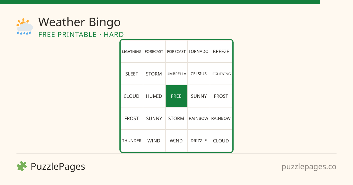 Weather Hard printable bingo preview — free to print from PuzzlePages