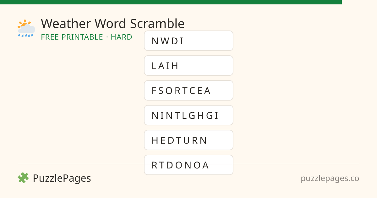 Weather Hard printable word scramble preview — free to print from PuzzlePages