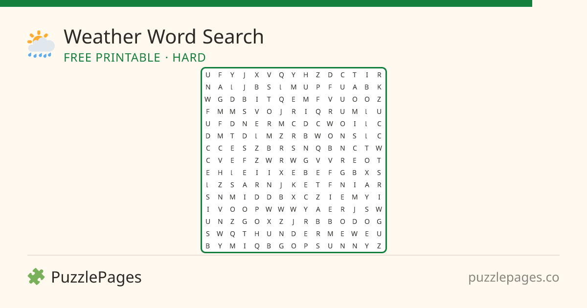 Weather Hard printable word search preview — free to print from PuzzlePages