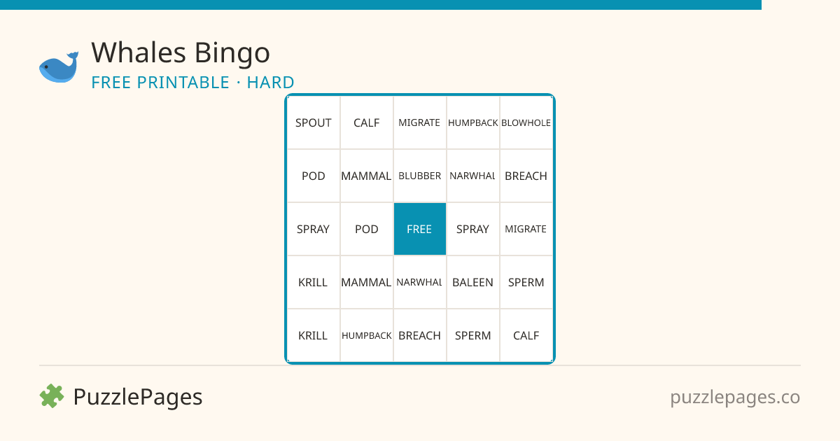 Whales Hard printable bingo preview — free to print from PuzzlePages
