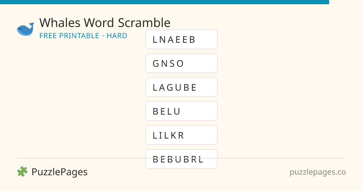 Whales Hard printable word scramble preview — free to print from PuzzlePages