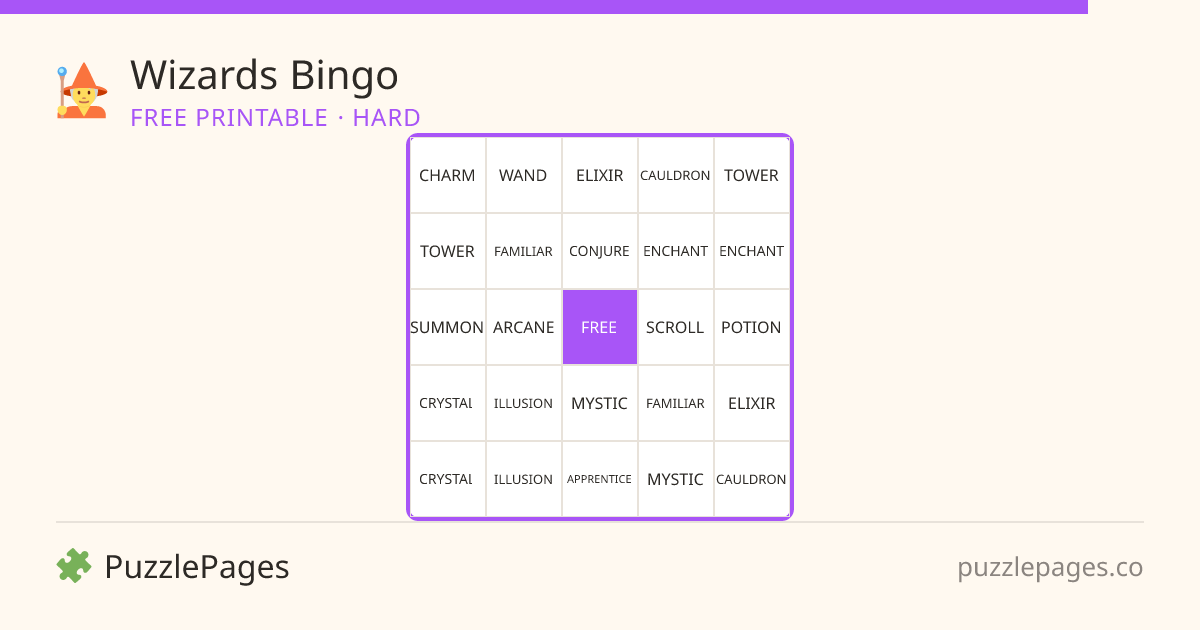 Wizards Hard printable bingo preview — free to print from PuzzlePages