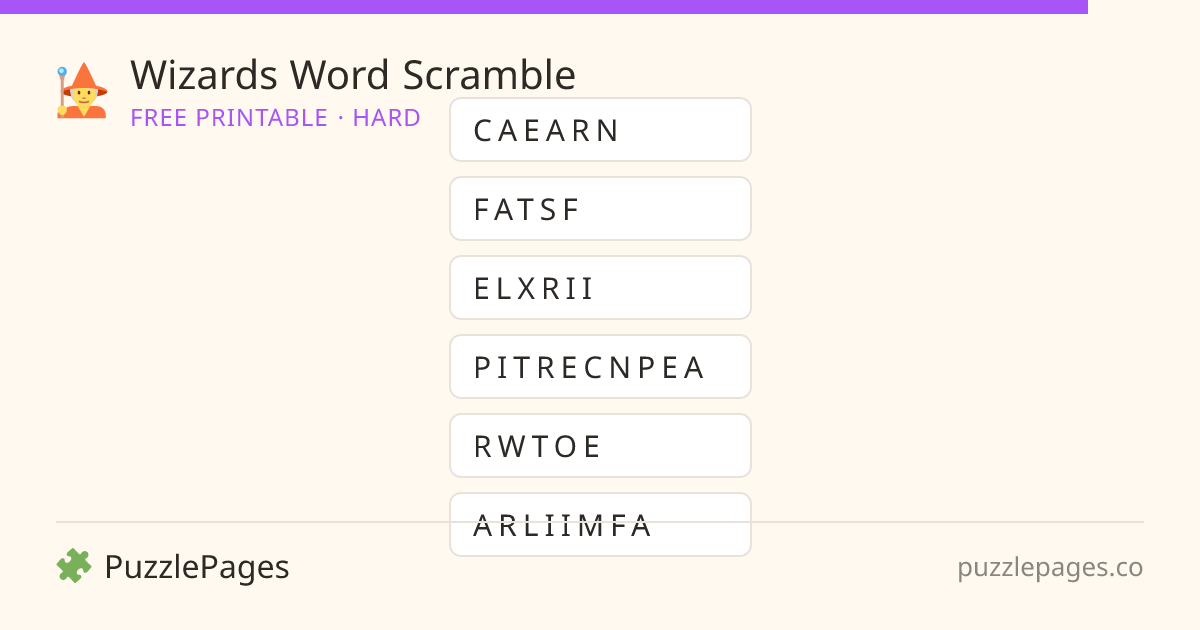Wizards Hard printable word scramble preview — free to print from PuzzlePages