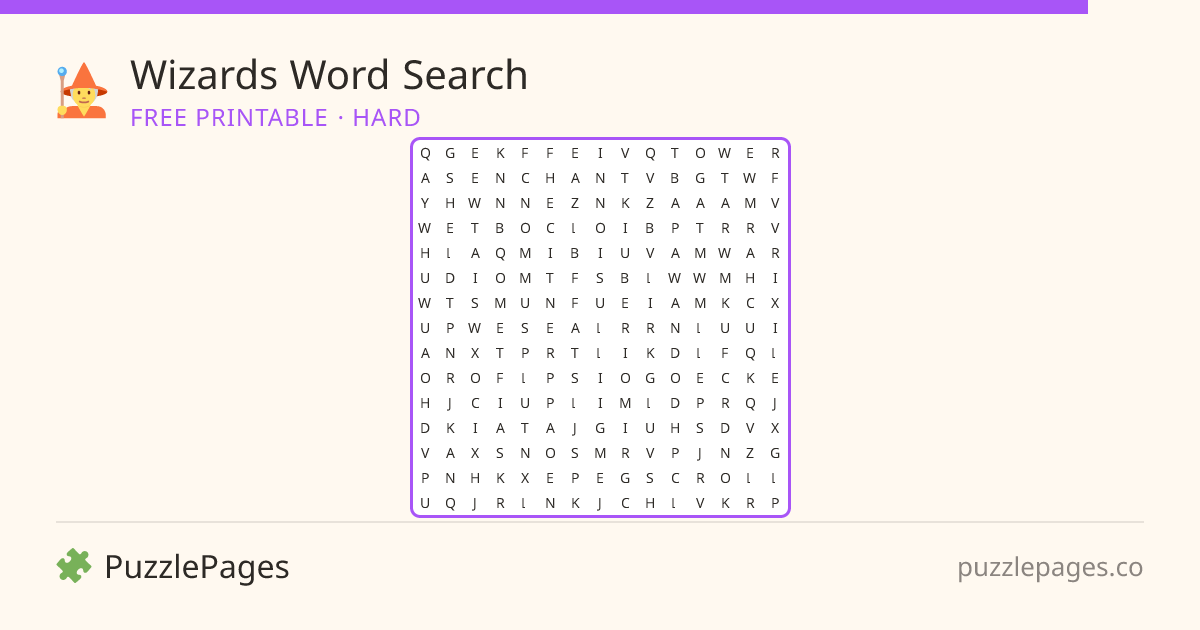 Wizards Hard printable word search preview — free to print from PuzzlePages
