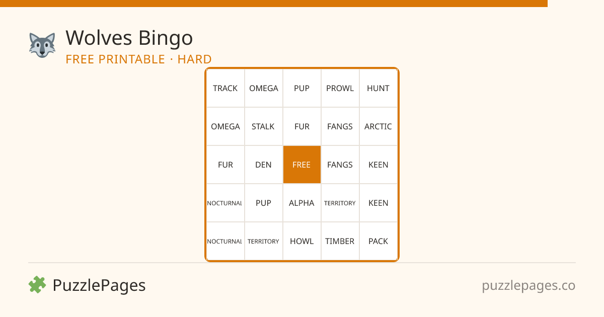 Wolves Hard printable bingo preview — free to print from PuzzlePages