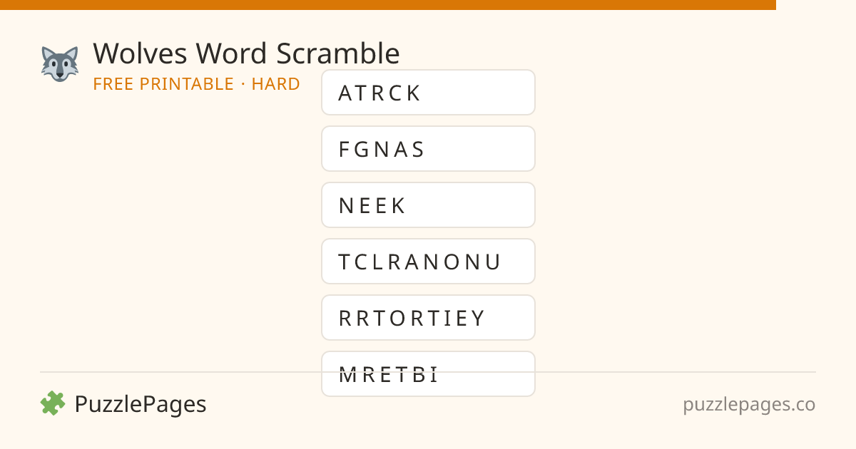 Wolves Hard printable word scramble preview — free to print from PuzzlePages