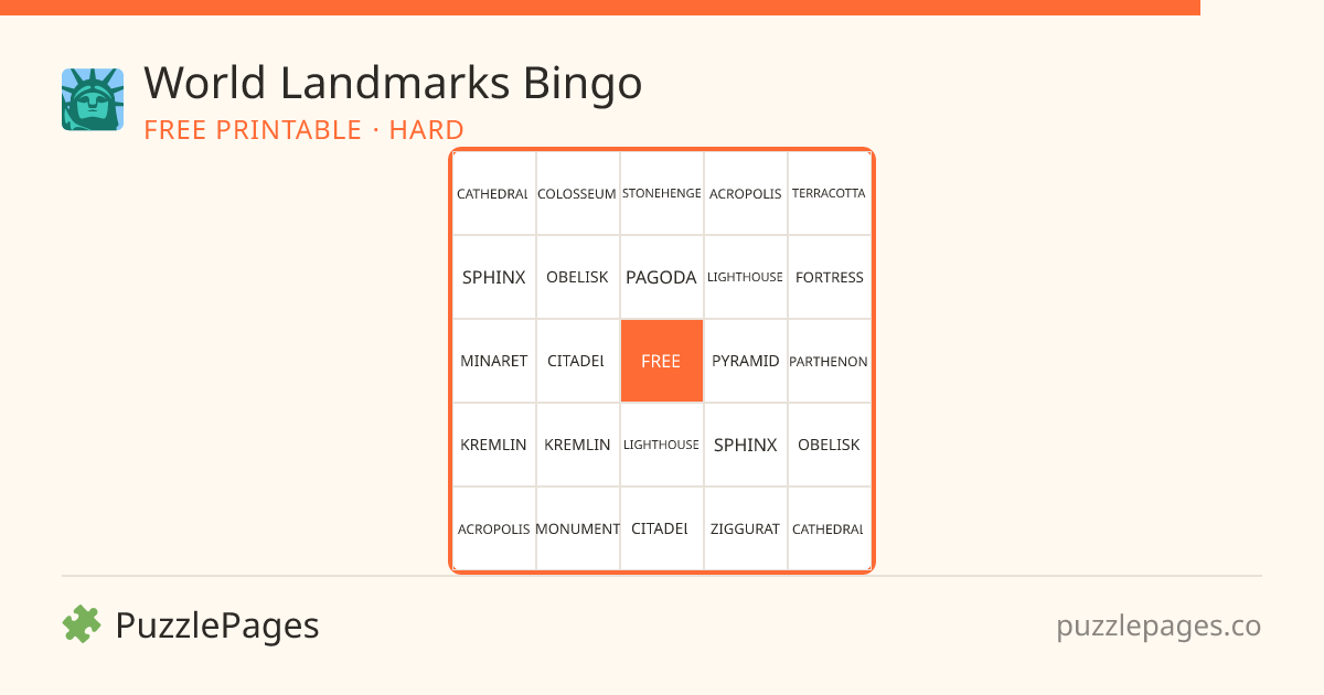 World Landmarks Hard printable bingo preview — free to print from PuzzlePages