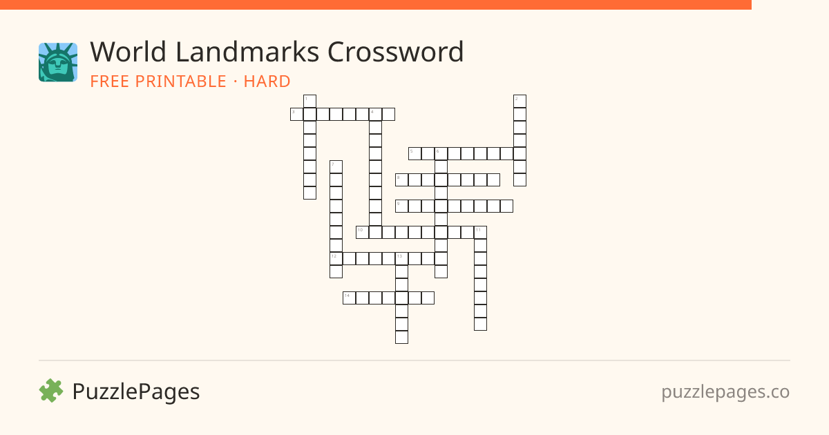 World Landmarks Hard printable crossword preview — free to print from PuzzlePages