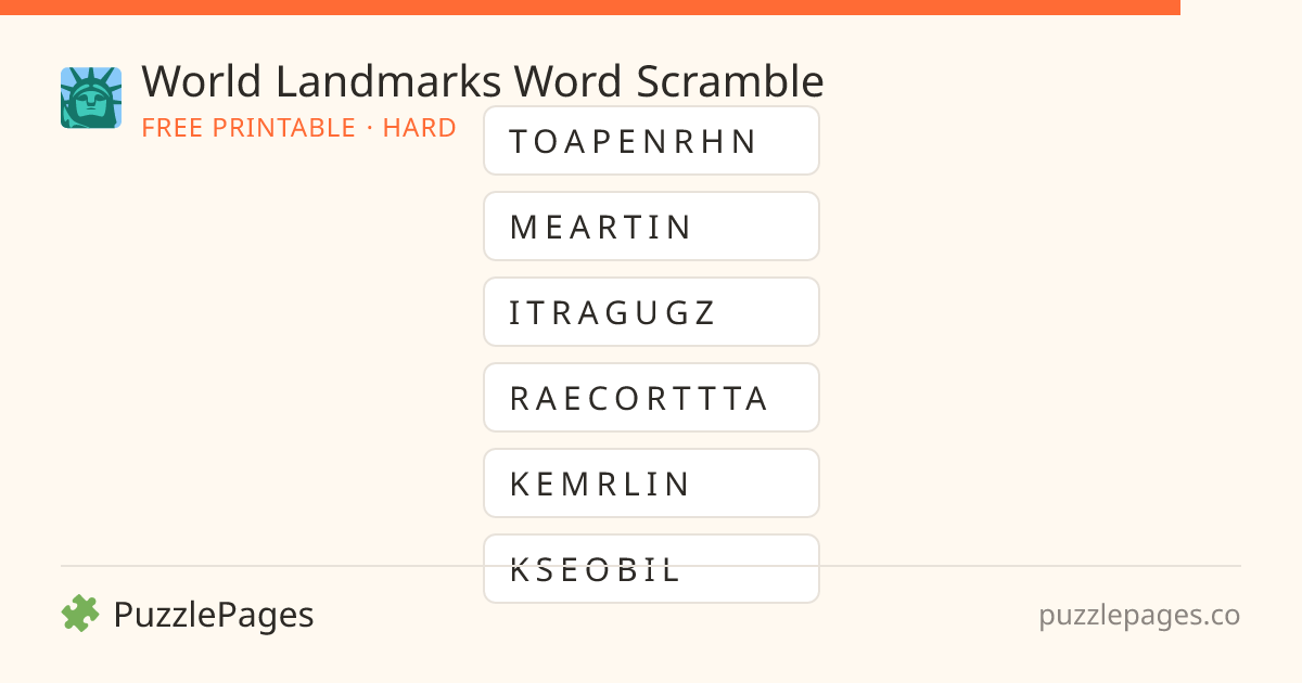 World Landmarks Hard printable word scramble preview — free to print from PuzzlePages