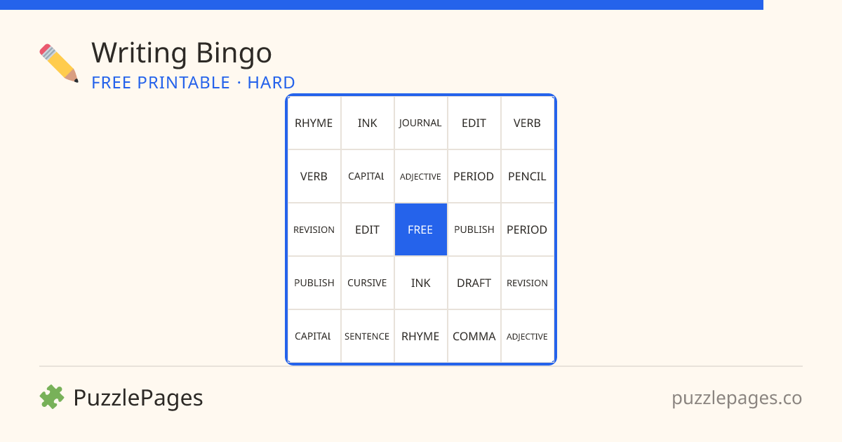 Writing Hard printable bingo preview — free to print from PuzzlePages