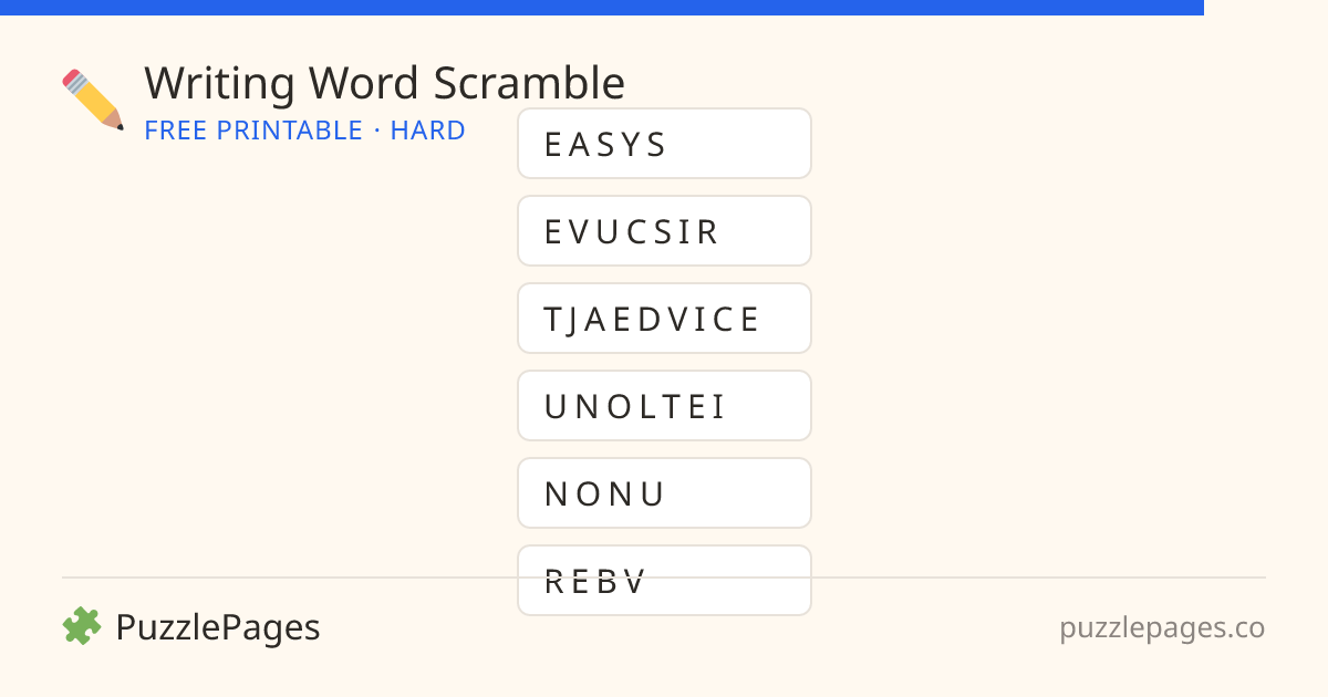 Writing Hard printable word scramble preview — free to print from PuzzlePages