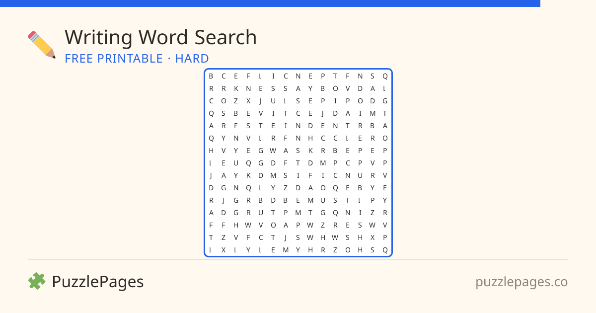 Writing Hard printable word search preview — free to print from PuzzlePages