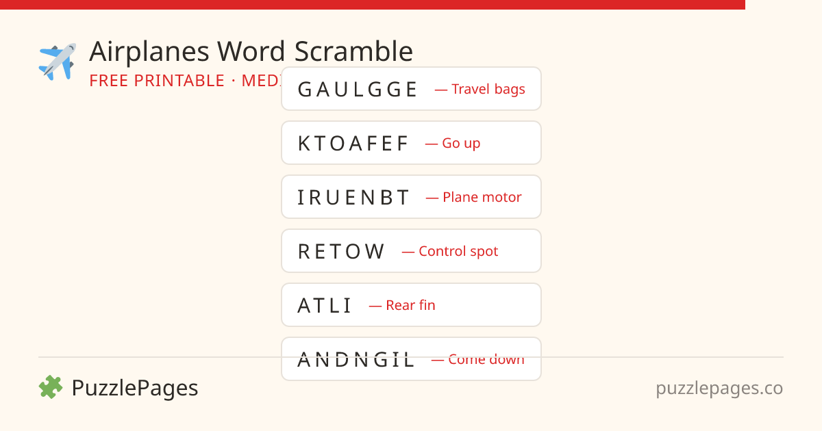 Airplanes Medium printable word scramble preview — free to print from PuzzlePages