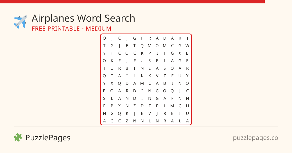 Airplanes Medium printable word search preview — free to print from PuzzlePages