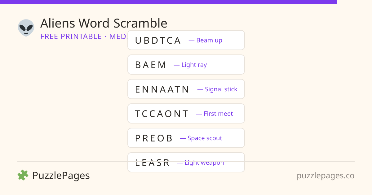 Aliens Medium printable word scramble preview — free to print from PuzzlePages