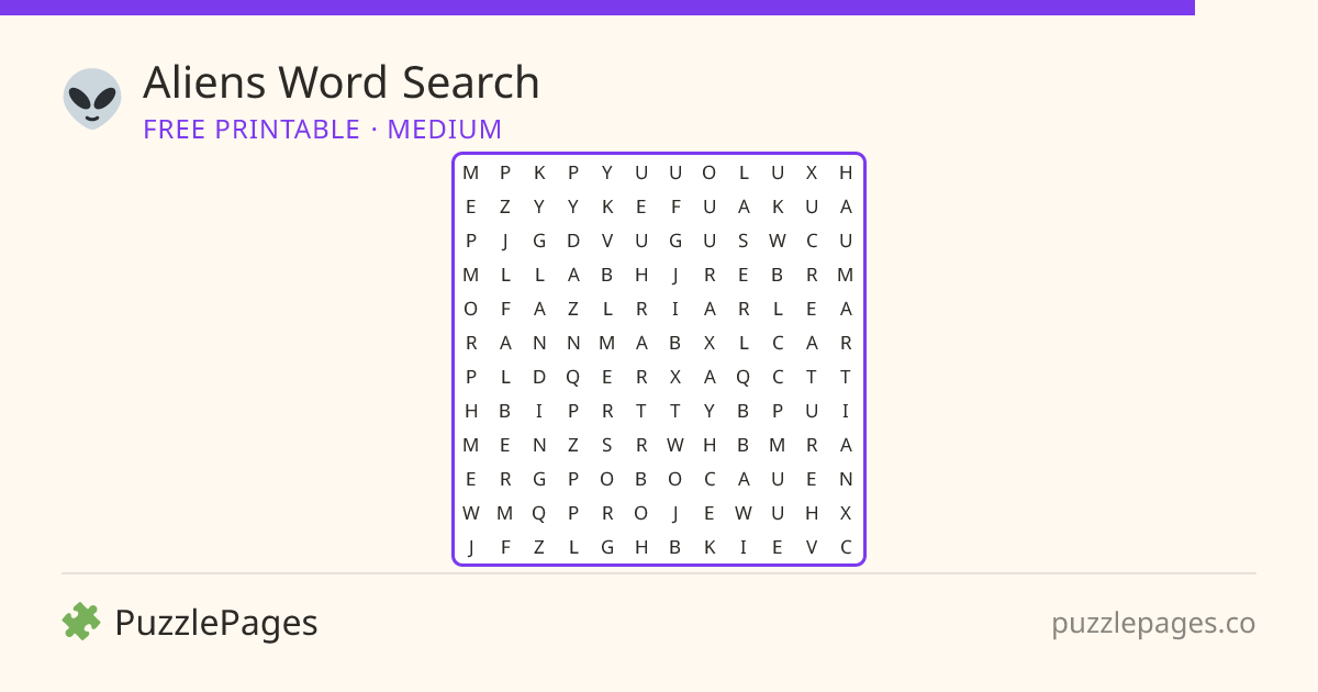 Aliens Medium printable word search preview — free to print from PuzzlePages