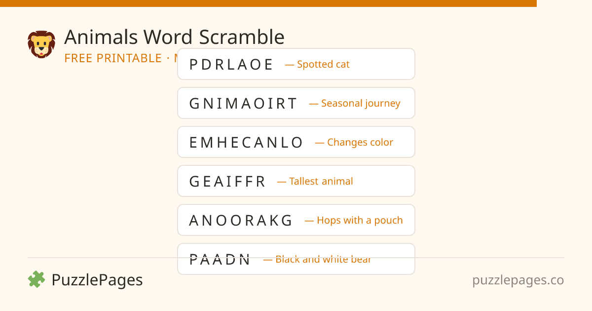 Animals Medium printable word scramble preview — free to print from PuzzlePages