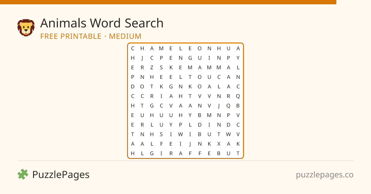 Animals Medium printable word search preview — free to print from PuzzlePages