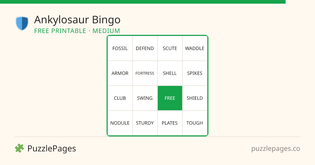 Ankylosaur Medium printable bingo preview — free to print from PuzzlePages