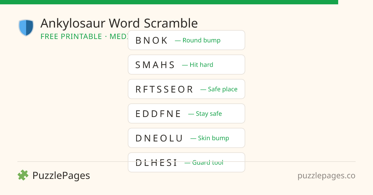 Ankylosaur Medium printable word scramble preview — free to print from PuzzlePages