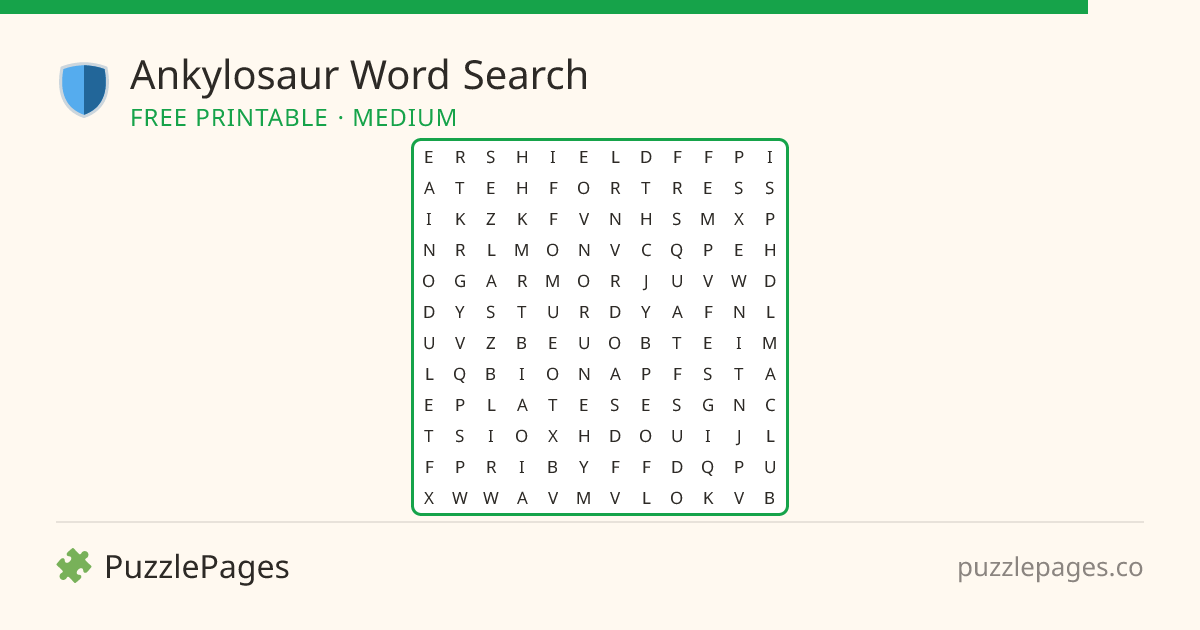 Ankylosaur Medium printable word search preview — free to print from PuzzlePages