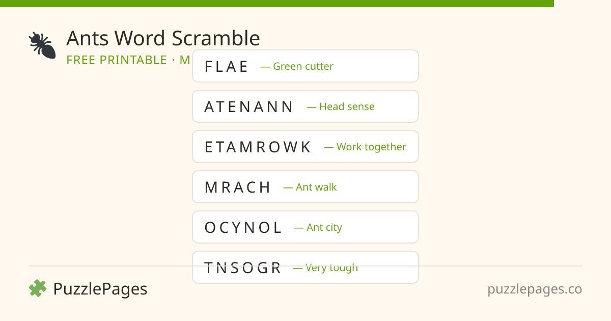Ants Medium printable word scramble preview — free to print from PuzzlePages