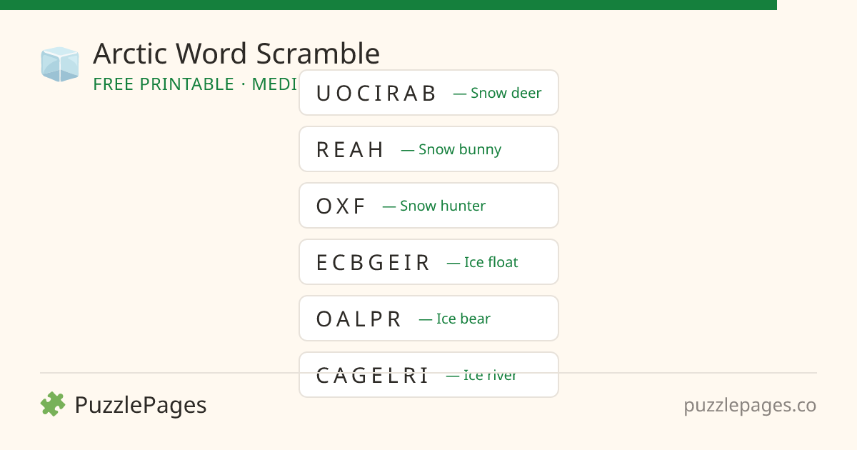 Arctic Medium printable word scramble preview — free to print from PuzzlePages