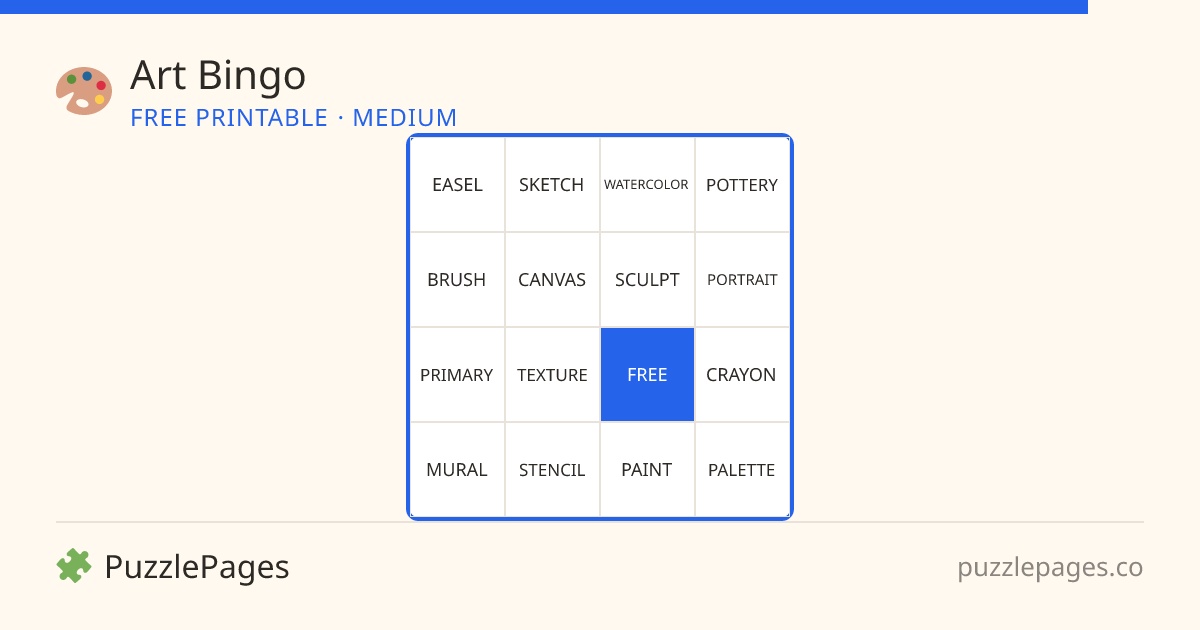 Art Medium printable bingo preview — free to print from PuzzlePages