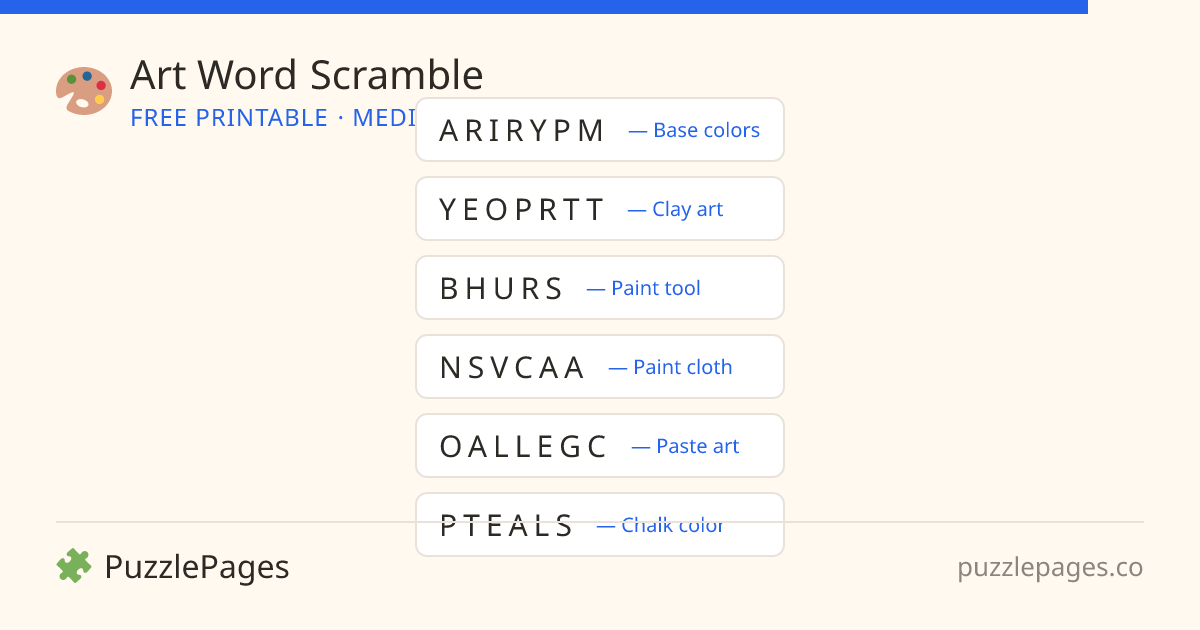 Art Medium printable word scramble preview — free to print from PuzzlePages