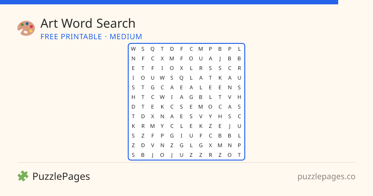 Art Medium printable word search preview — free to print from PuzzlePages