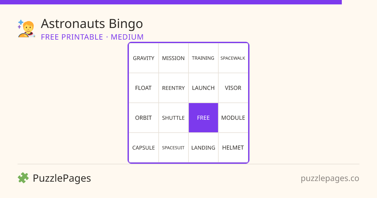 Astronauts Medium printable bingo preview — free to print from PuzzlePages