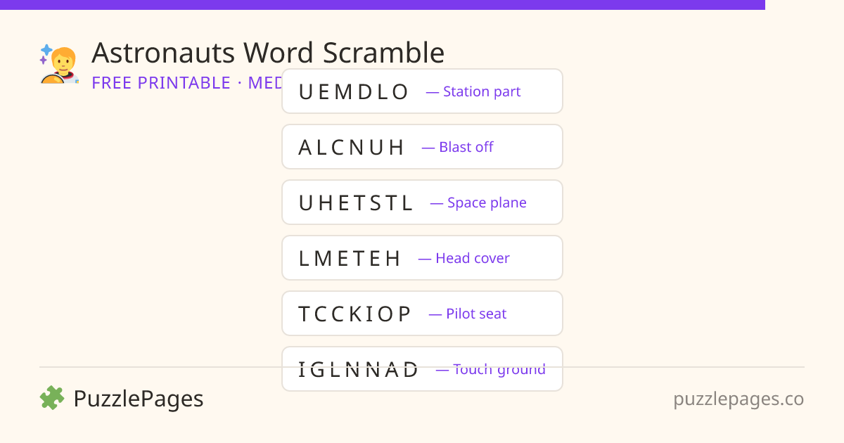 Astronauts Medium printable word scramble preview — free to print from PuzzlePages