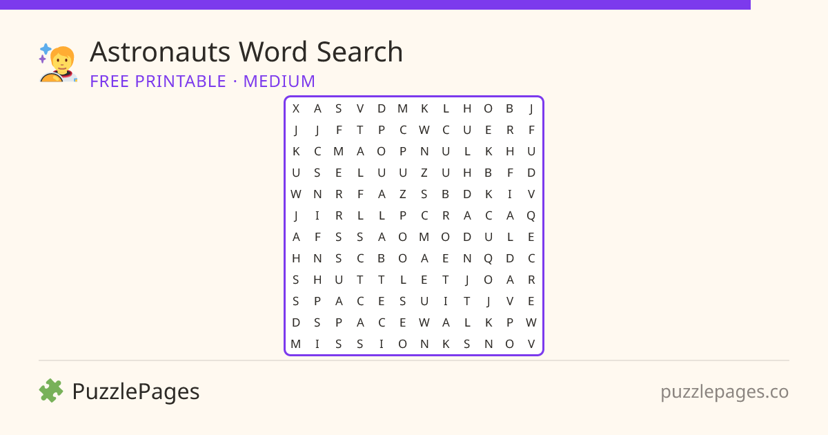 Astronauts Medium printable word search preview — free to print from PuzzlePages