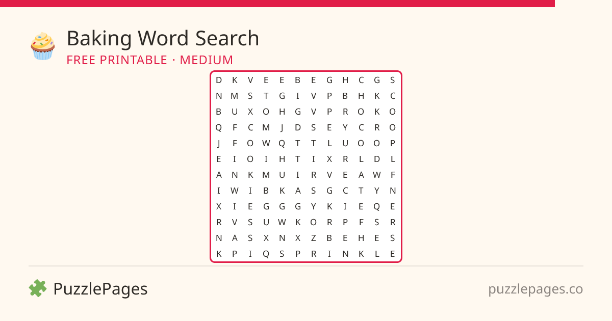 Baking Medium printable word search preview — free to print from PuzzlePages