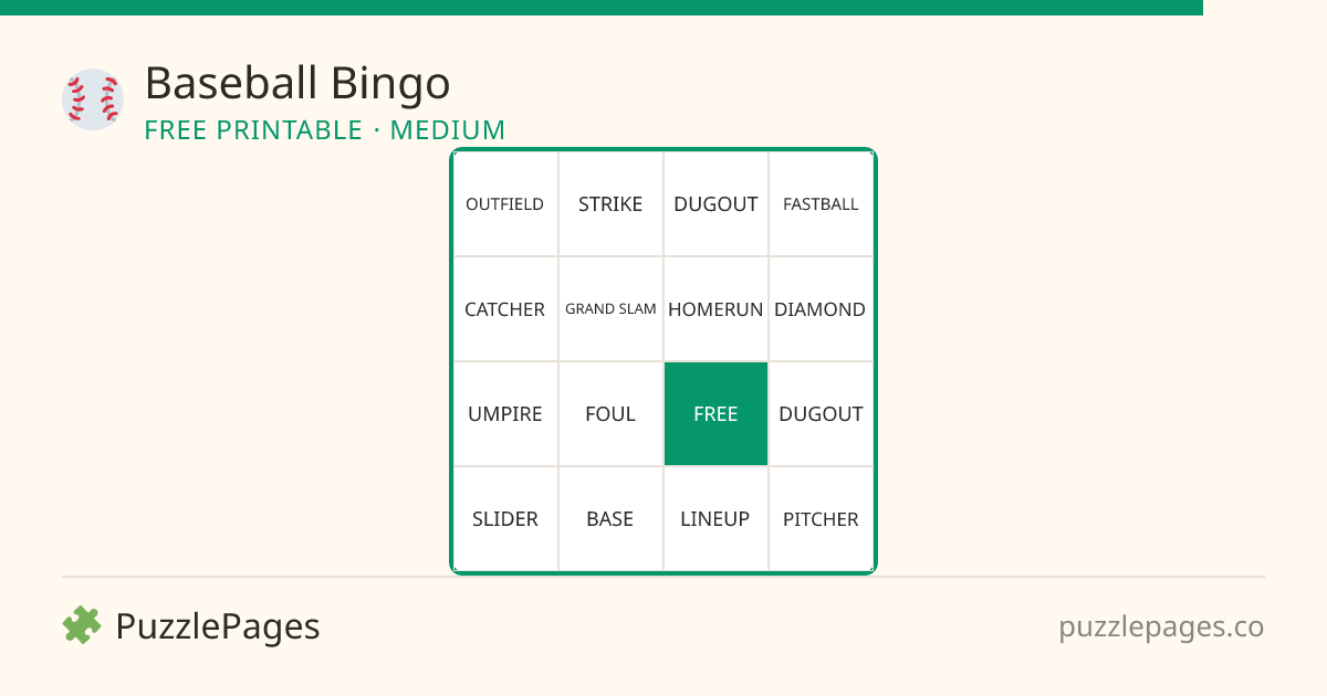 Baseball Medium printable bingo preview — free to print from PuzzlePages