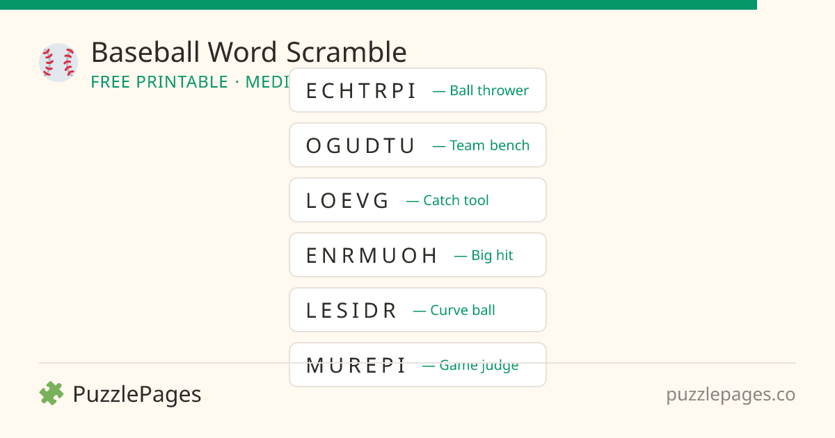 Baseball Medium printable word scramble preview — free to print from PuzzlePages