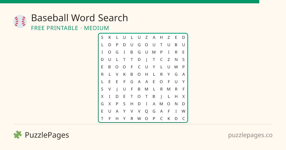 Baseball Medium printable word search preview — free to print from PuzzlePages