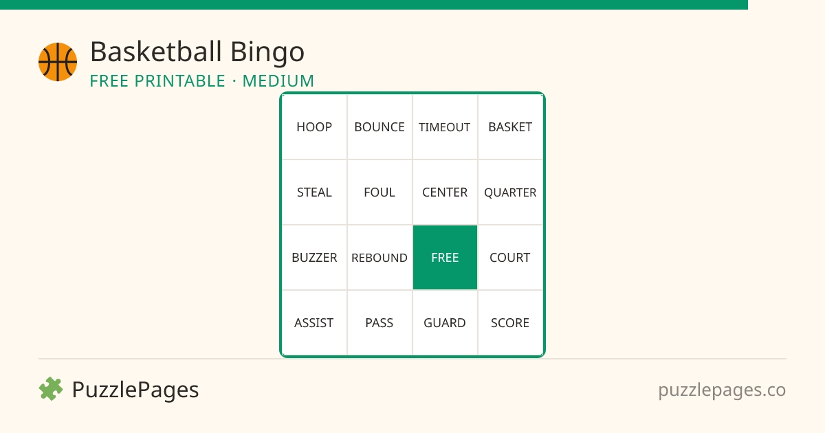 Basketball Medium printable bingo preview — free to print from PuzzlePages