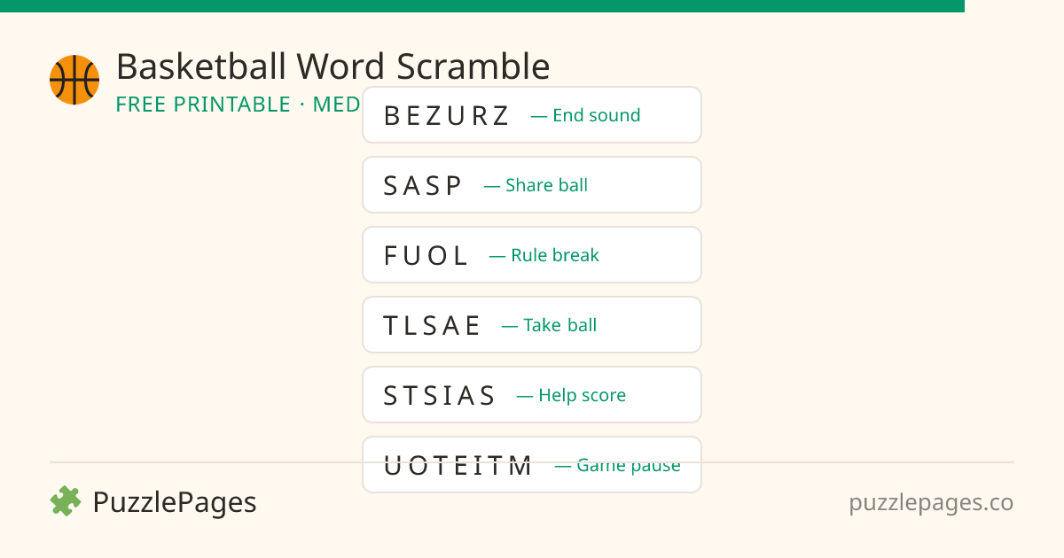 Basketball Medium printable word scramble preview — free to print from PuzzlePages